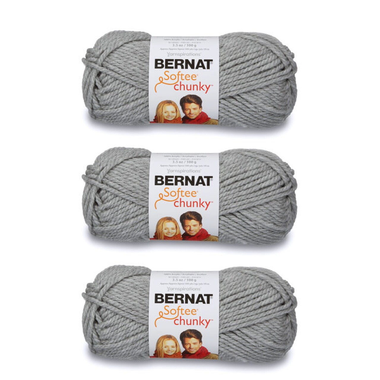Bernat Softee Chunky Gray Heather Yarn - 3 Pack of 100g/3.5oz - Acrylic - 6 Super Bulky - 108 Yards - Knitting/Crochet